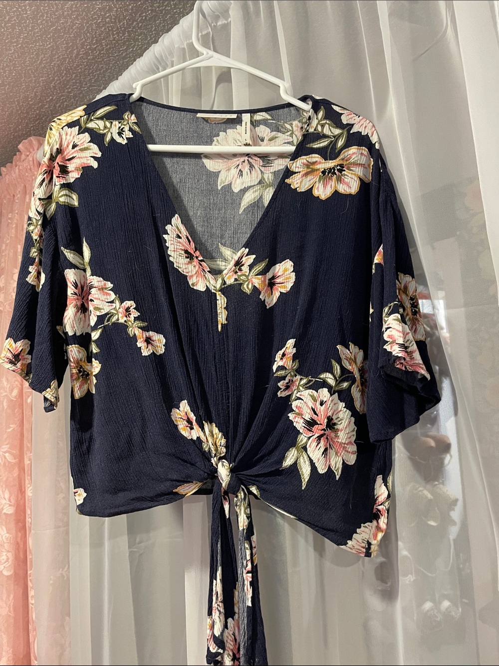 Tie-Front Floral V-Neck Blouse - Navy with Pink Floral